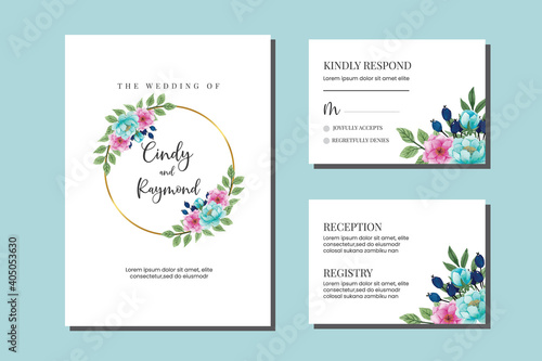 Wedding invitation frame set, floral watercolor hand drawn Peony Flower design Invitation Card Template 