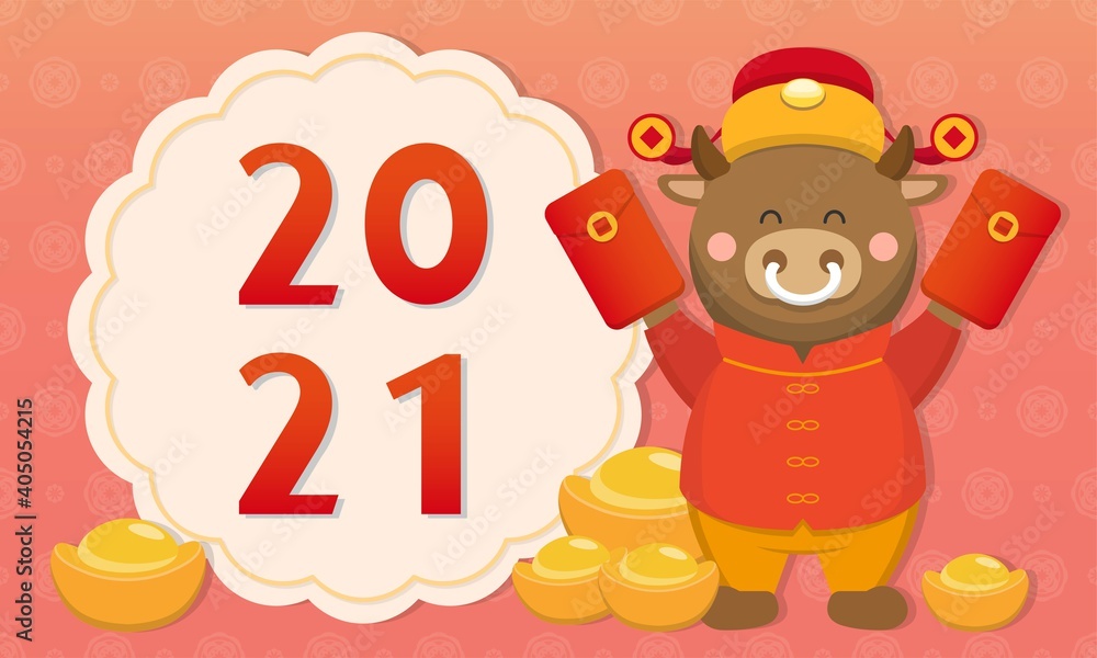 Happy cute zodiac ox celebrating Chinese New Year, 2021 New Year elements horizontal greeting card and poster business card Happy cute zodiac ox celebrating Chinese New Year, 2021 New Year elements horizontal greeting card and poster business card