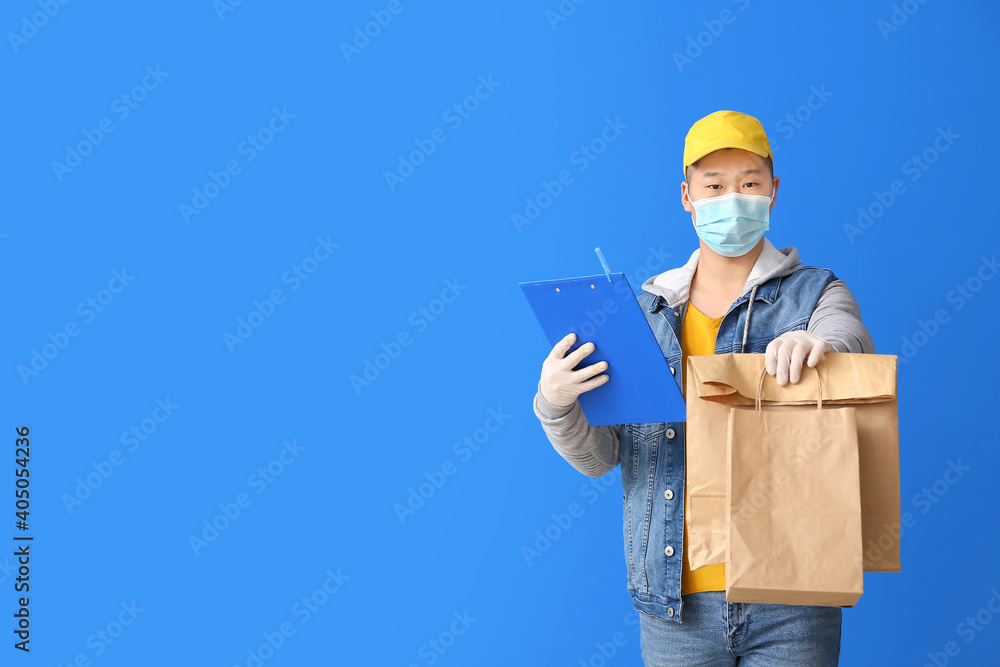 Courier of food delivery service on color background Courier of food delivery service on color background