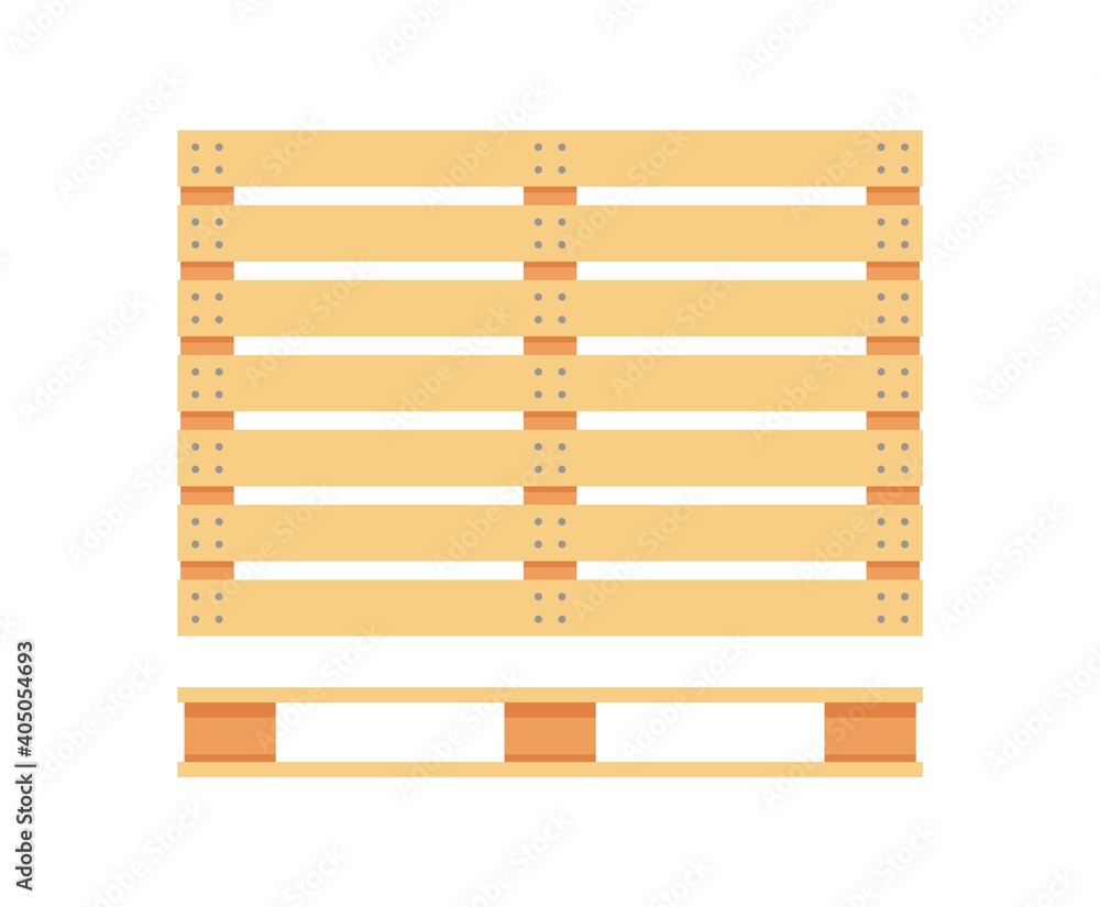 Wooden pallet icons. Cartoon wood pallet isolated on white. Top view, front and side view. Vector illustration in flat style