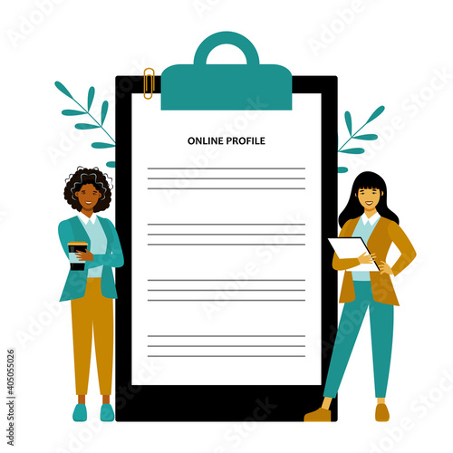 Online profile flat vector illustration. Social media users, app developers cartoon characters. Online communication platform, mobile application development. Personal page design concept

