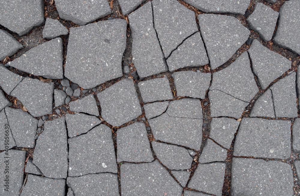 Obraz premium A fragment of damaged, split asphalt road surface consisting of large flat pieces separated by large cracks filled with sand, pebbles, small dry leaves and twigs. Natural cracked background.