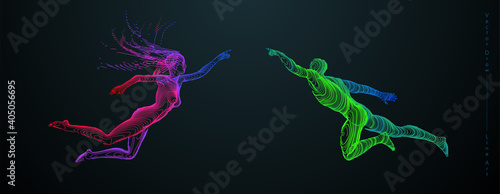 Sport concept of a flying people. Vector drawn by color lines