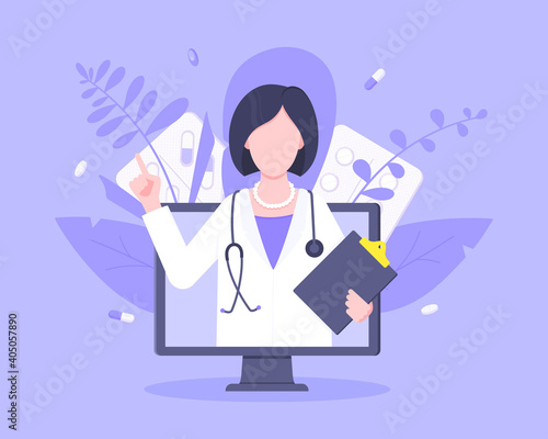 Online doctor medical service concept with doctor in the monitor screen vector illustration. Telemedicine web consultation for patients health care check ups and taking medicine prescription pills.