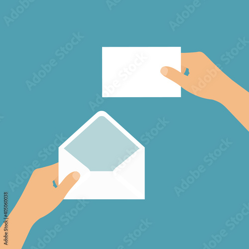 Flat design illustration of hand holding blank white open envelope and letter with space for your text, vector