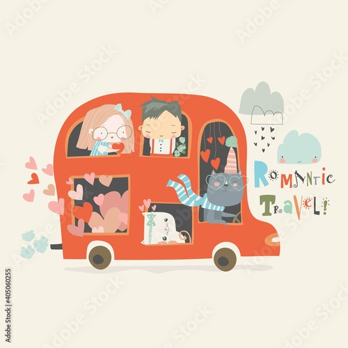 Cartoon red valentines day bus with couples in love