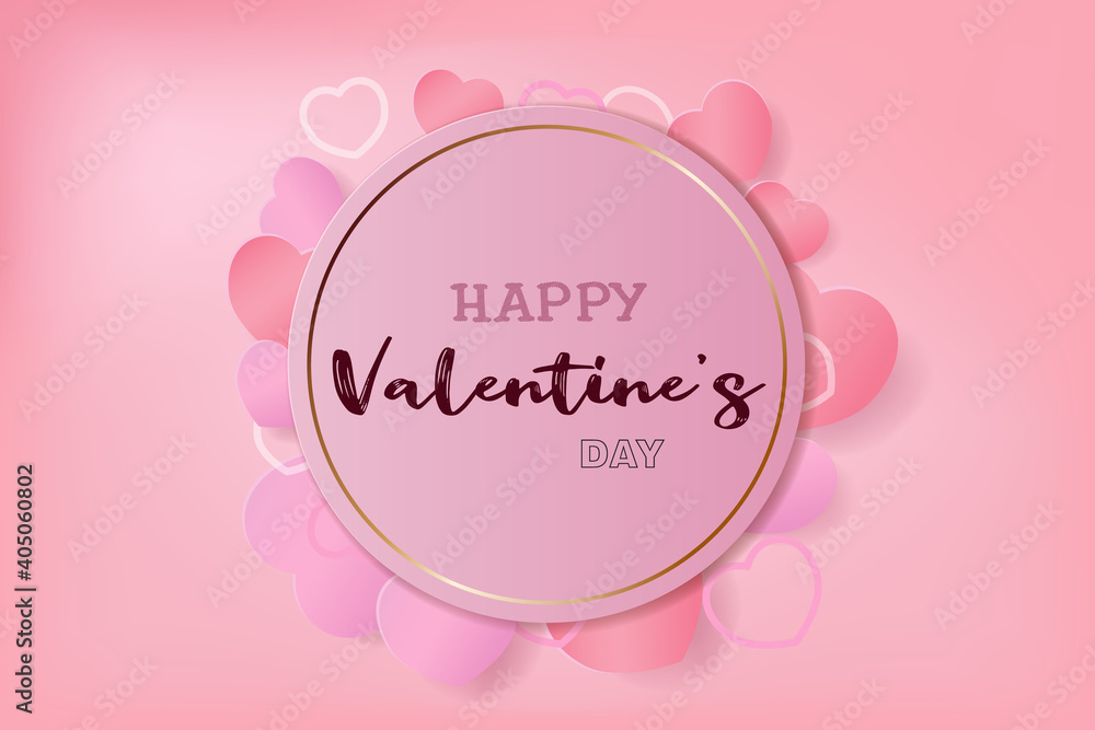 Happy Valentines Day text with heart and circle shape, on pink background. Vector Illustration of a Valentines Day Card.