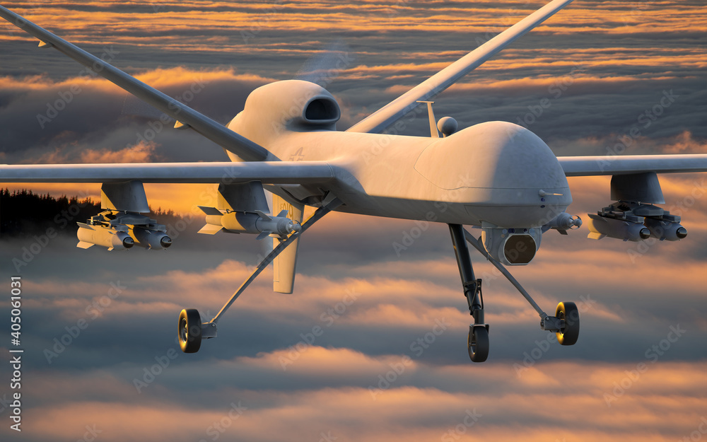 General Atomics MQ-9 Reaper drone flying over the mountains at sunset.  Photos | Adobe Stock