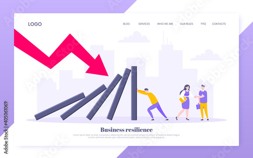 Domino effect or business resilience metaphor vector illustration. Adult young man pushing falling domino line business concept of problem solving website template.