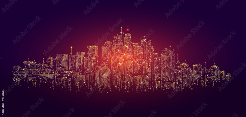 Low poly city skyline panorama vector illustration. Digital wireframe of architectural building in panoramic view made of connected dots. Low poly art of cityscape.