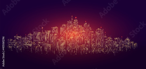 Low poly city skyline panorama vector illustration. Digital wireframe of architectural building in panoramic view made of connected dots. Low poly art of cityscape.
