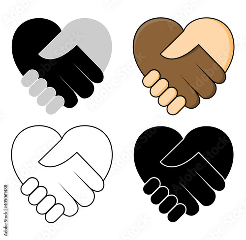 Shake hand in heart shape - No racism concept icon set. Two hands dark and fair skin in a handshake. Great for symbol of tolerance or teamwork between different ethnicity. Vector design.
