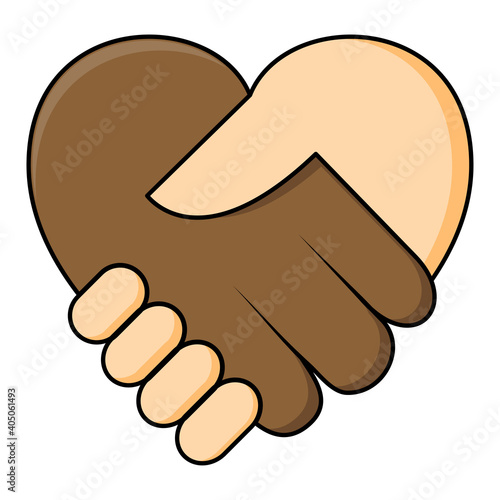 No racism - shake hand in heart shape. Two hands dark and fair skin in a handshake. Equality of races concept icon. Great also for symbol of agreement or contract between different ethnicity.