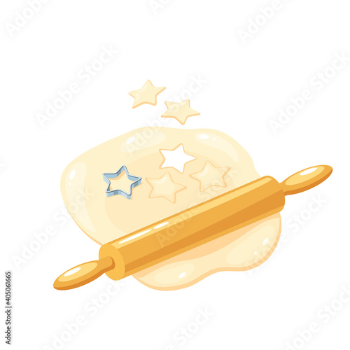 Dough, cookie cutter and wooden rolling pin. Making star pastry. Vector illustration cartoon flat icon isolated on white background.