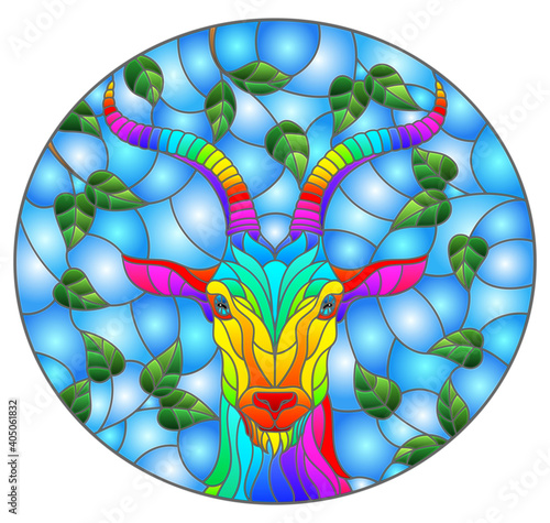 Illustration in stained glass style with the head of a rainbow goat on a background of tree branches and blue sky, oval image