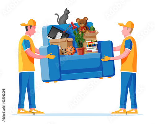 Delivery character man movers carry armchair with household items. Porters carry couch isolated. Moving company with loaders and furniture. Delivery relocation service. Flat vector illustration