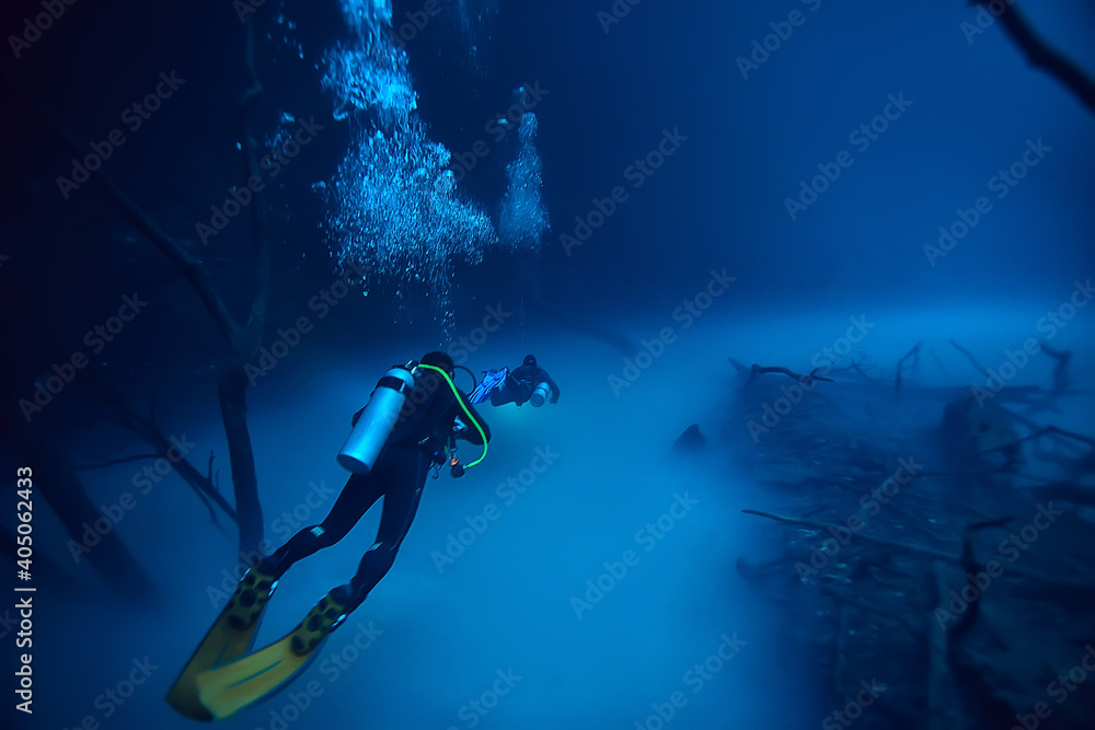 Fototapeta premium cave diving, diver underwater, dark cave, cavern landscape