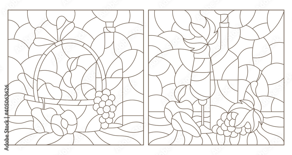 Obraz premium Set of contour illustrations of stained glass Windows with still lifes, a bottle of wine and fruit, dark outlines on a white background