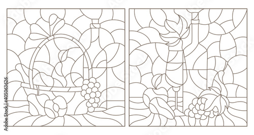 Set of contour illustrations of stained glass Windows with still lifes, a bottle of wine and fruit, dark outlines on a white background