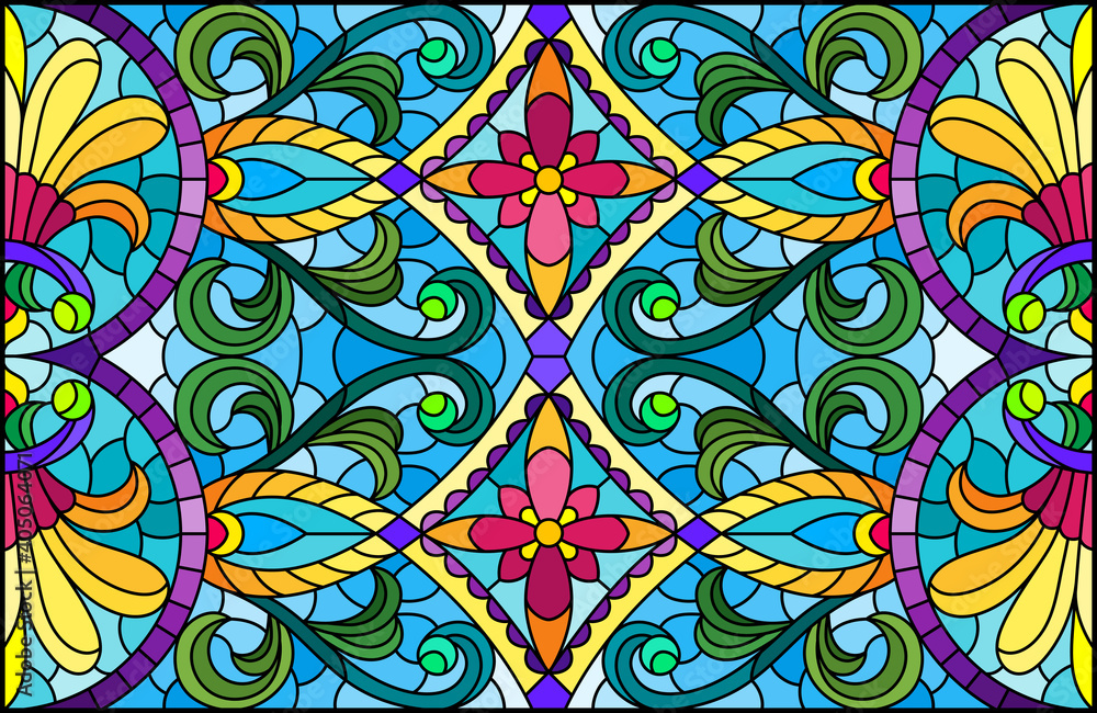 Illustration in stained glass style with abstract flowers, leaves and curls on a blue background, rectangular horizontal image
