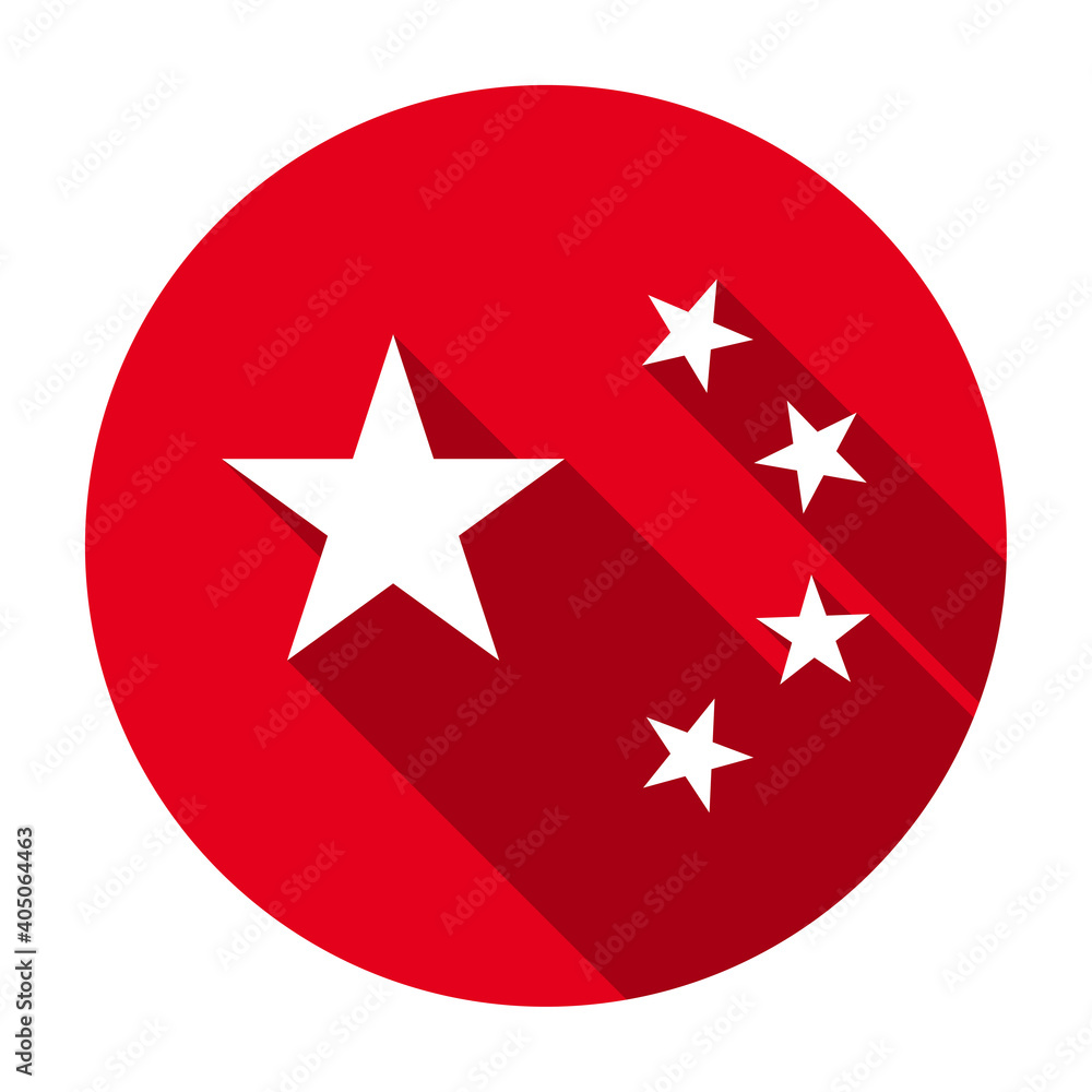 Red flat round five stars of flag of People's Republic of China icon, button with long shadow isolated on a white background. Vector illustration. Red flat round five stars of flag of People's Republic of China icon, button with long shadow isolated on a white background. Vector illustration.