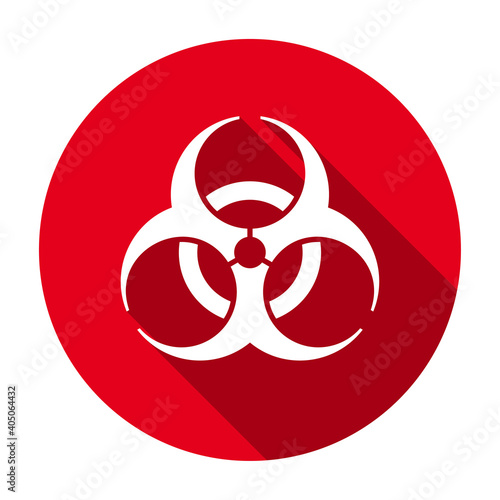 Red flat round biological hazard icon, button with long shadow isolated on a white background. Vector illustration.