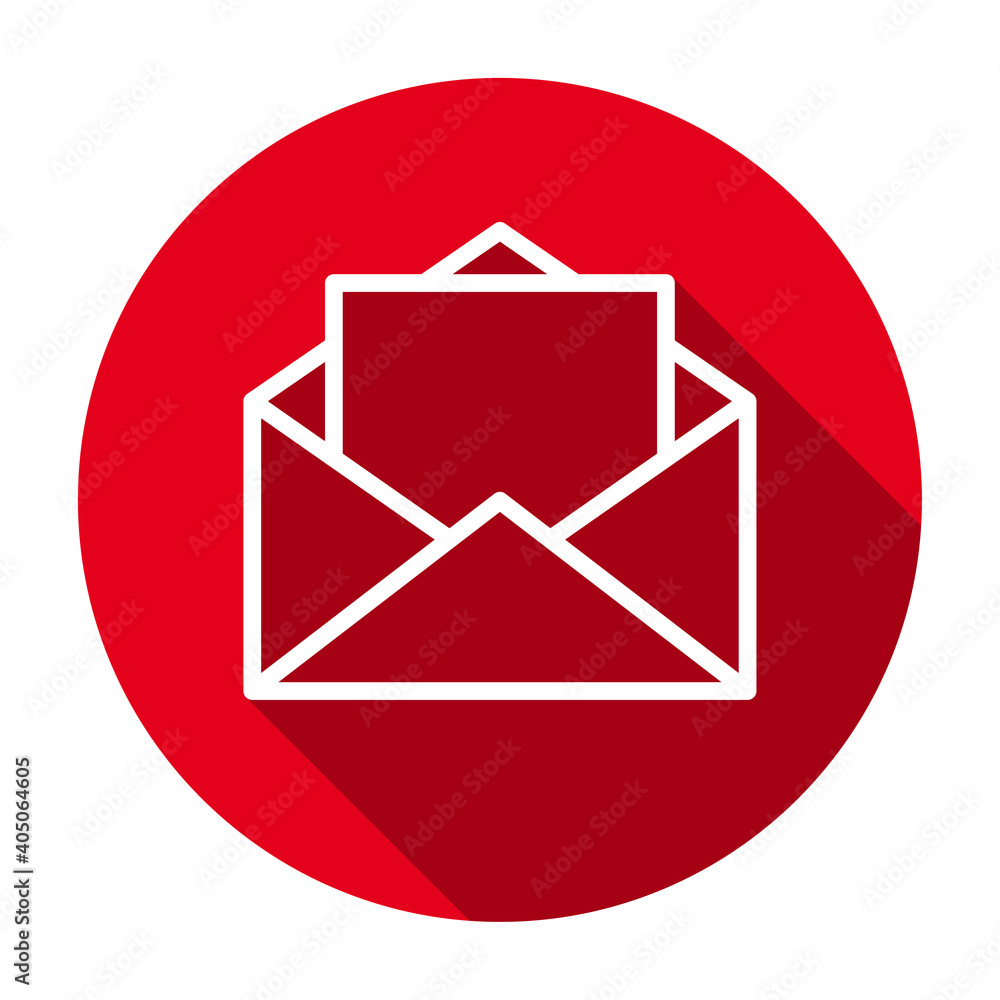 Red flat round opened envelope with letter outline icon, button with long shadow isolated on a white background. Vector illustration. Red flat round opened envelope with letter outline icon, button with long shadow isolated on a white background. Vector illustration.