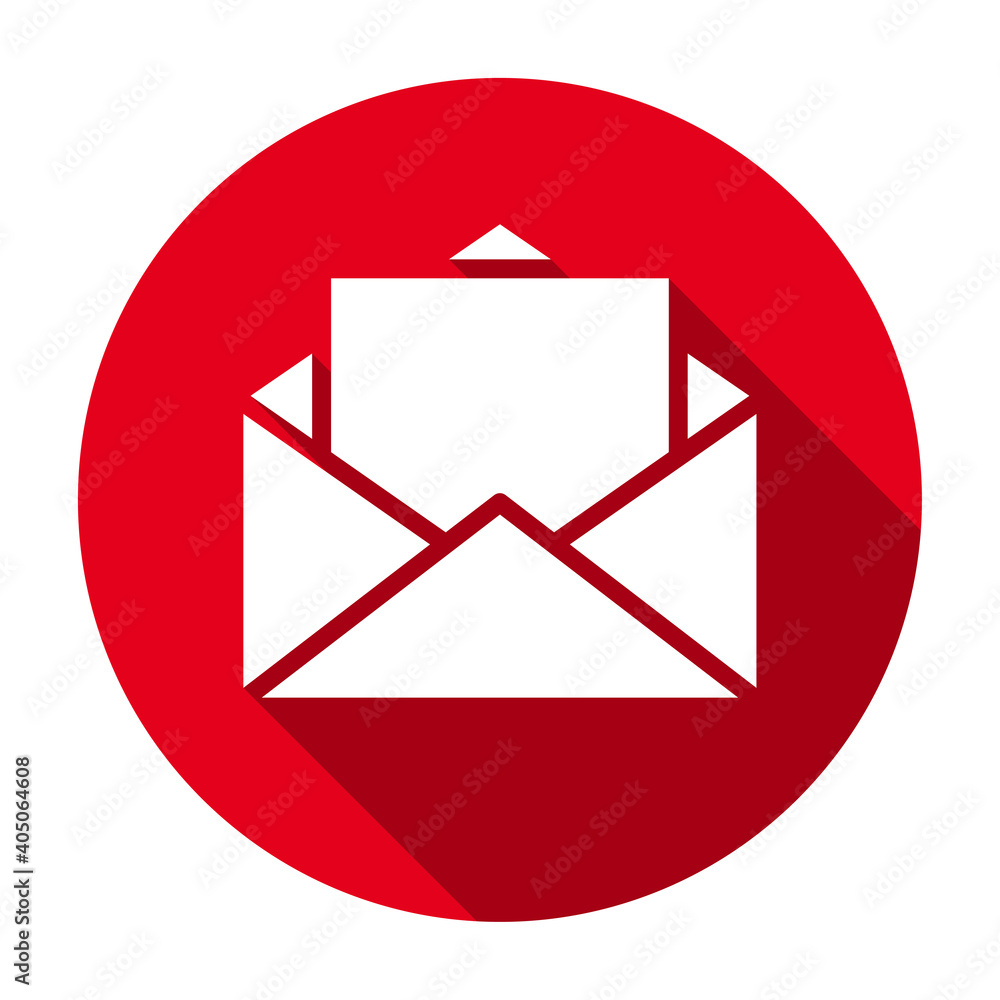 Red flat round opened envelope with letter icon, button with long shadow isolated on a white background. Vector illustration. Red flat round opened envelope with letter icon, button with long shadow isolated on a white background. Vector illustration.