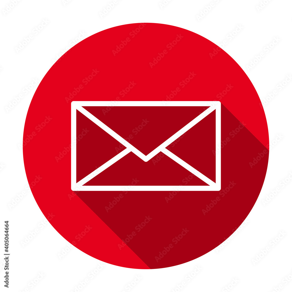 Red flat round envelope outline icon, button with long shadow isolated on a white background. Vector illustration. Red flat round envelope outline icon, button with long shadow isolated on a white background. Vector illustration.