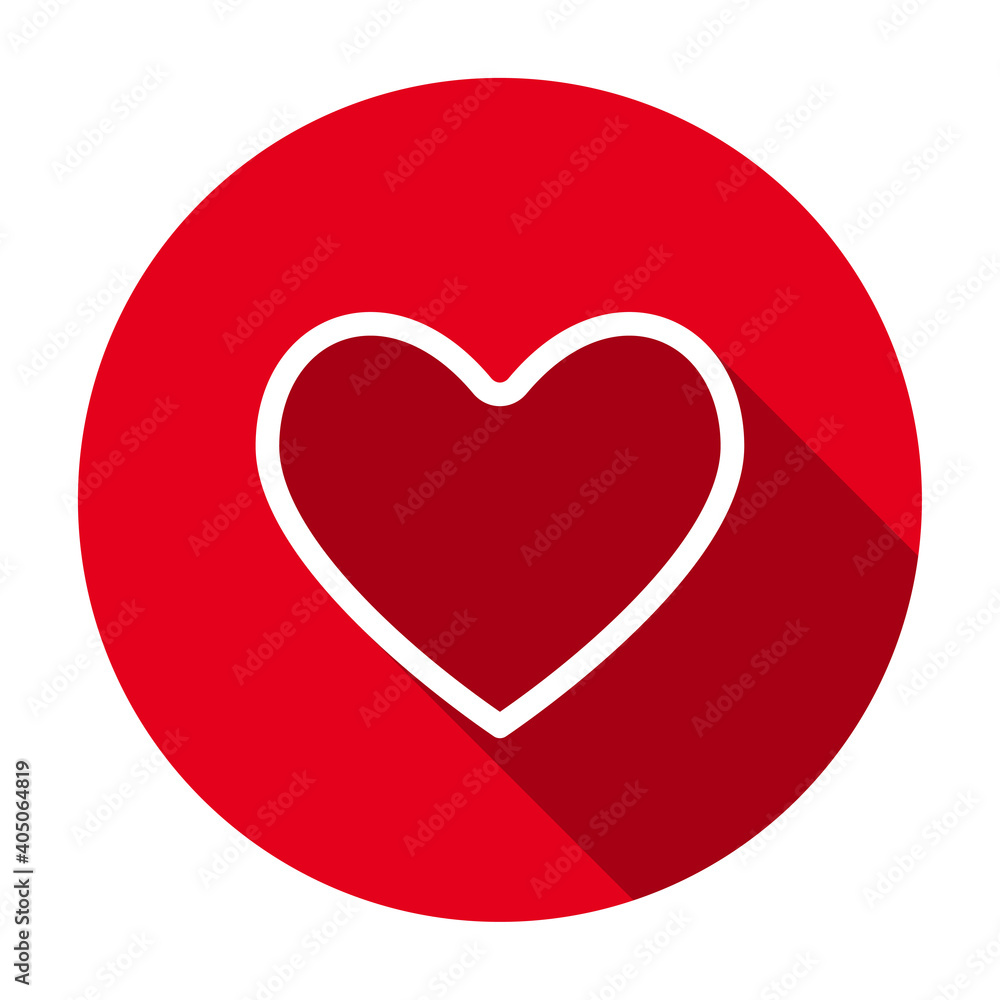 Red flat round heart outline icon, button with long shadow isolated on a white background. Vector illustration.