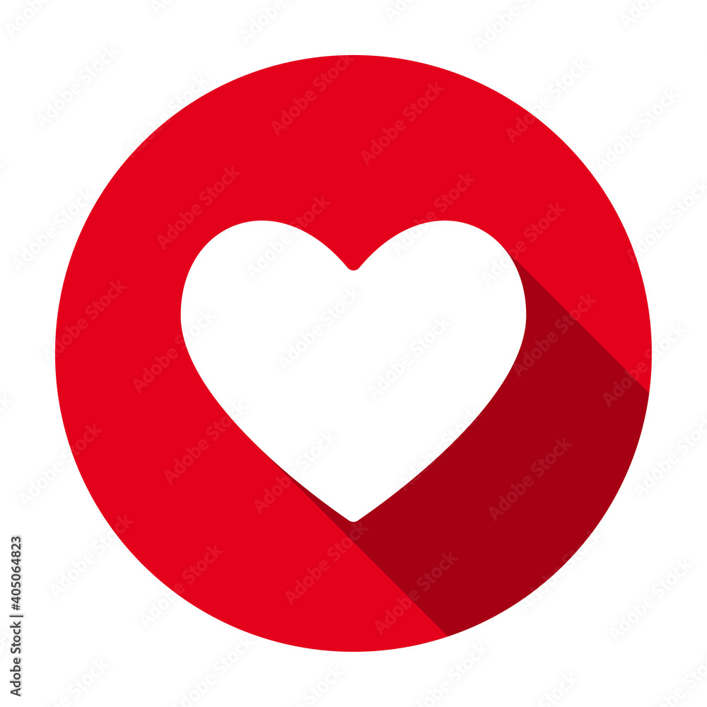 Red flat round heart icon, button with long shadow isolated on a white background. Vector illustration. Red flat round heart icon, button with long shadow isolated on a white background. Vector illustration.