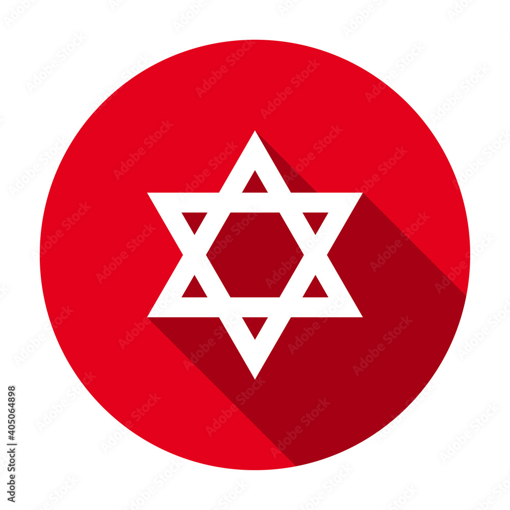 Red flat round Star of David, the national symbol of the State of Israel icon, button with long shadow isolated on a white background. Vector illustration. Red flat round Star of David, the national symbol of the State of Israel icon, button with long shadow isolated on a white background. Vector illustration.