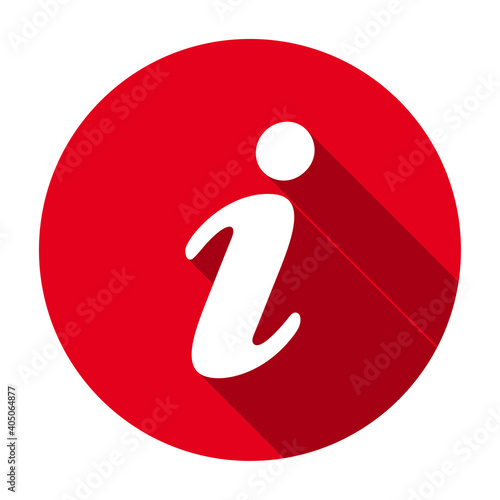 Red flat round information icon, button with long shadow isolated on a white background. Vector illustration.