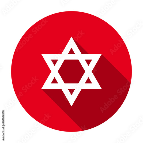 Red flat round Star of David, the national symbol of the State of Israel icon, button with long shadow isolated on a white background. Vector illustration.