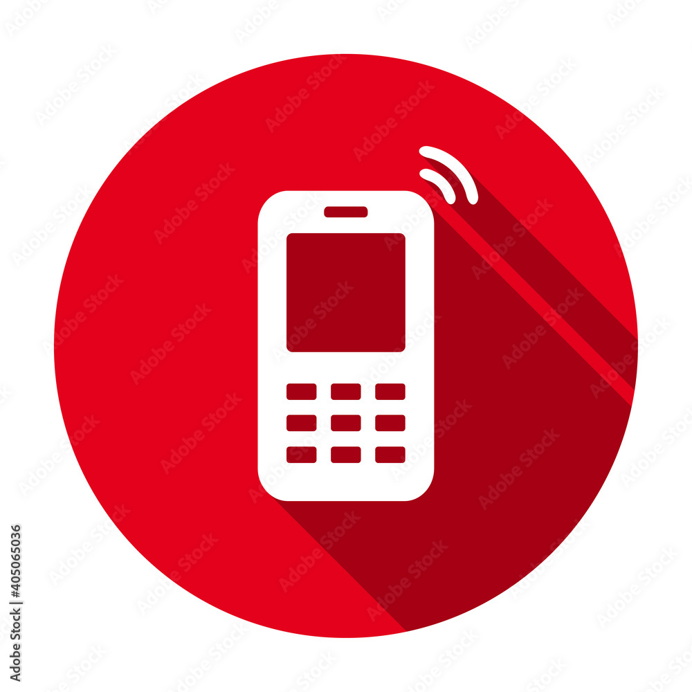 Red flat round mobile phone icon, button with long shadow isolated on a white background. Vector illustration. Red flat round mobile phone icon, button with long shadow isolated on a white background. Vector illustration.