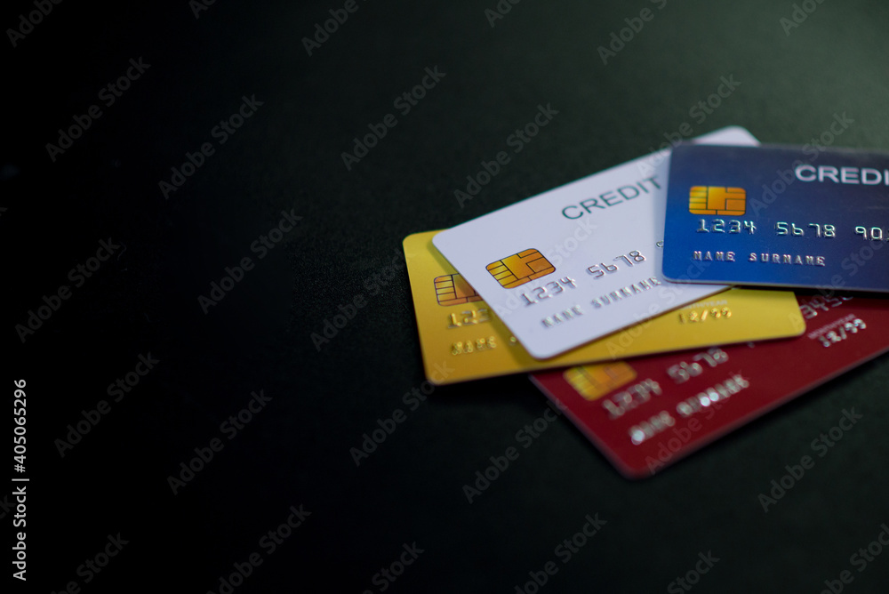 Focus Close-up credit cards cards with a black background Focus Close-up credit cards cards with a black background