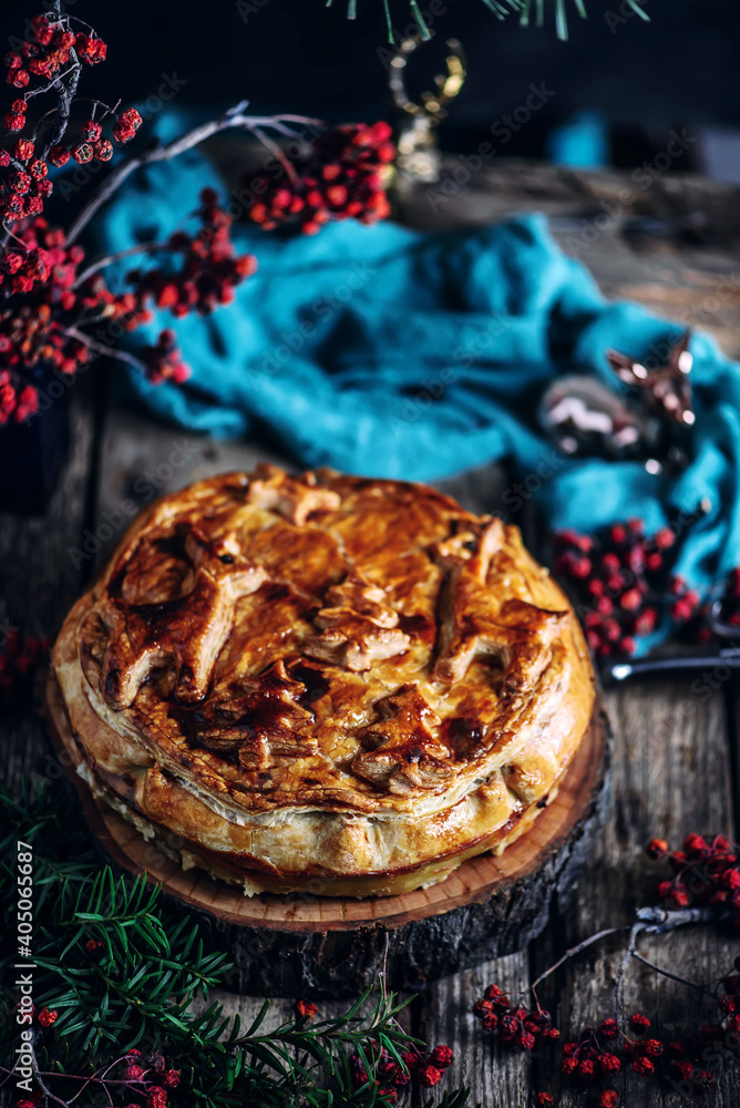 meat pie with different types of meat. Rustic style