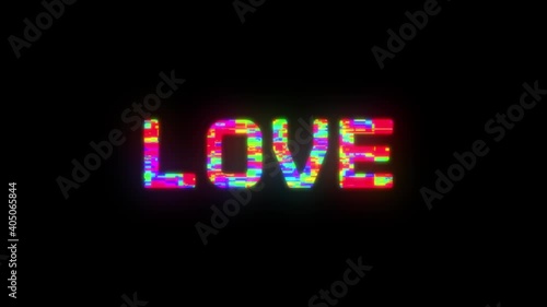 LOVE animated vibrant neon colourful digital motion intro text on dark screen background