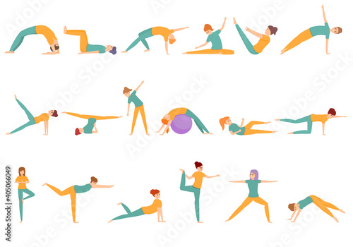 Pilates icons set. Cartoon set of pilates vector icons for web design