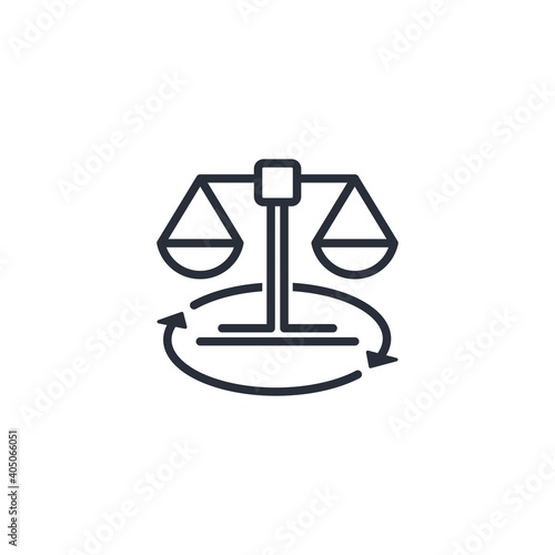 Legal scales and rotation arrow. Changes in legal rules and laws. Vector linear icon isolated on white background.