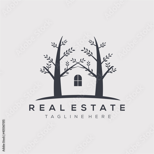 Real estate logo vector illustration design. tree house symbol.