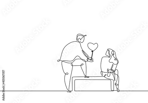 Continuous line drawing of romantic couple giving love balloon gift for valentine. Man giving love balloon for his girlfriend in one line style.
