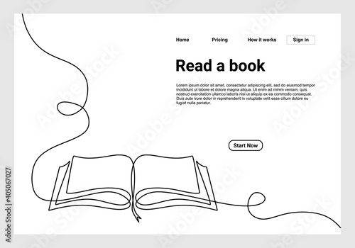 Continuous one line drawing open book with flying pages. illustration education supplies back to school theme for landing page website. Book one line drawing banner. photo