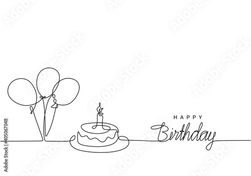 Happy Birthday continuous line drawing, handwritten lettering with symbolic party balloon and birthday cake. One hand drawn minimalist style.