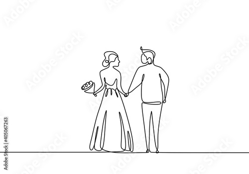 Drawing line, of newlyweds holding hands taking pre wedding. Romantic couple wedding one line.