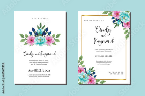 Wedding invitation frame set, floral watercolor hand drawn Peony Flower design Invitation Card Template 