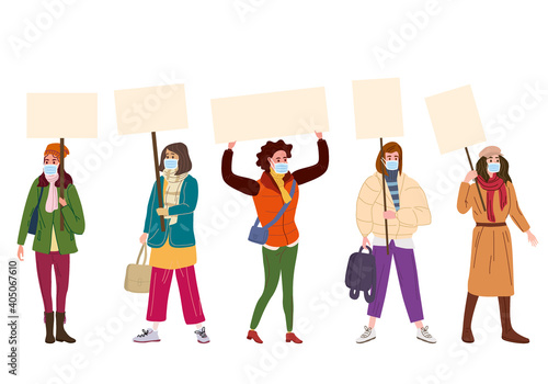 Set of Protesters crowd woman in medical masks from virus COVID, holding empty banners. Activists protesting, during a pandemic quarantine coronavirus, political meeting, strike human rights. Vector