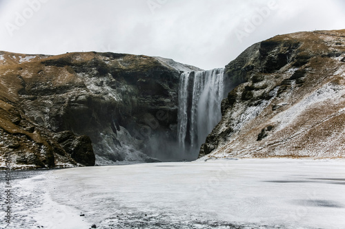 Winter landscape in Skogafoss Waterfall, Iceland, Northern Europe