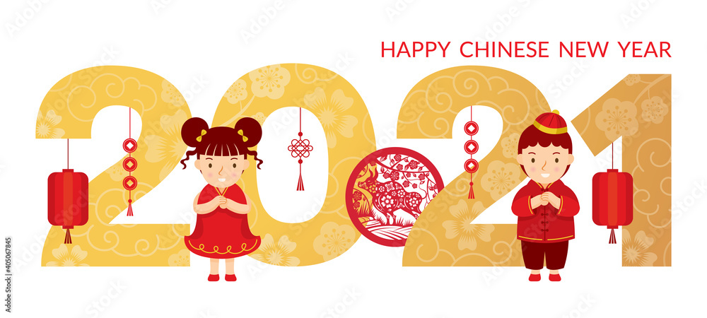 Fototapeta premium Chinese Kids Greeting New Year 2021, Year of the Ox