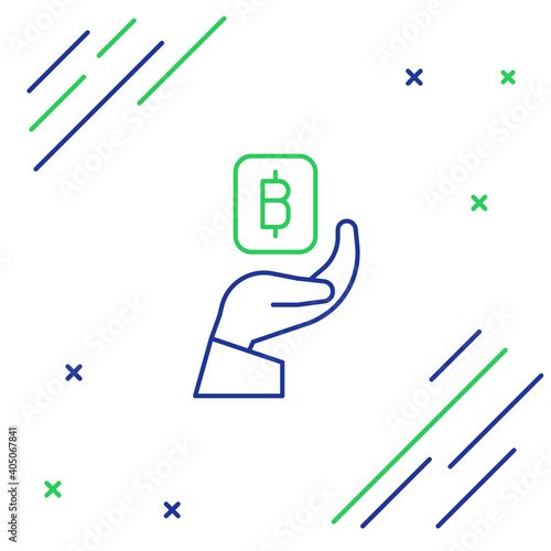 Line Hand holding Bitcoin icon isolated on white background. Blockchain technology, digital money market, cryptocoin wallet. Colorful outline concept. Vector.